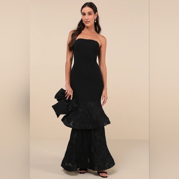 Lulus Immense Drama Black Strapless Tiered Jacquard Maxi Dress M Wedding Prom - Picture 2 of 9